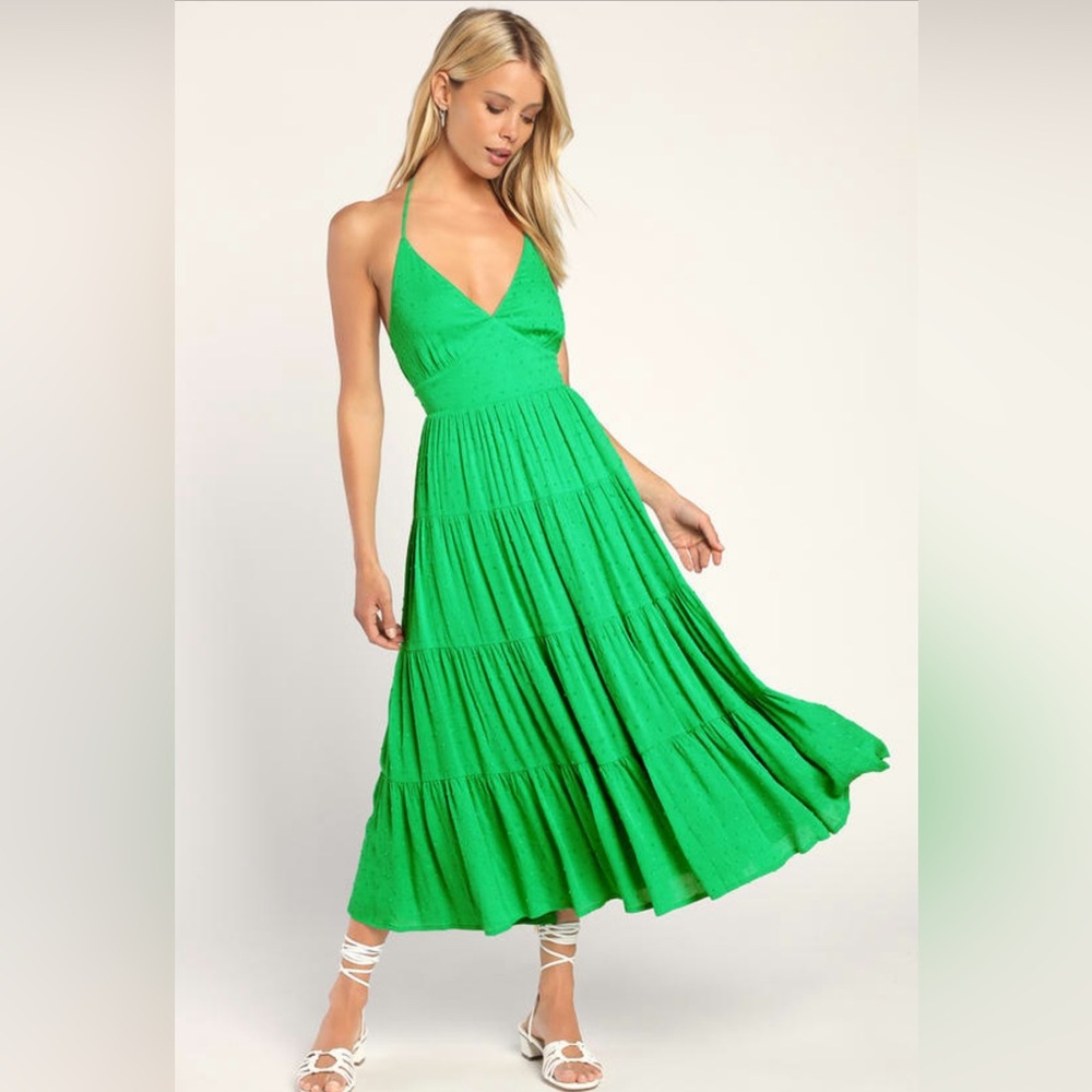 Green Swiss Dot Tiered Halter Midi Dress